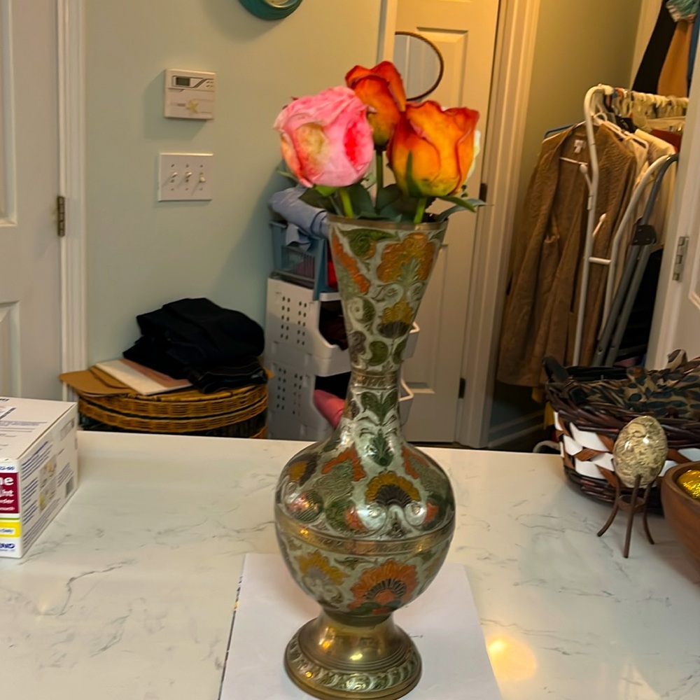 Like New~Brass Large Enamel Vase with Faux Rose Floral Arrangement Included